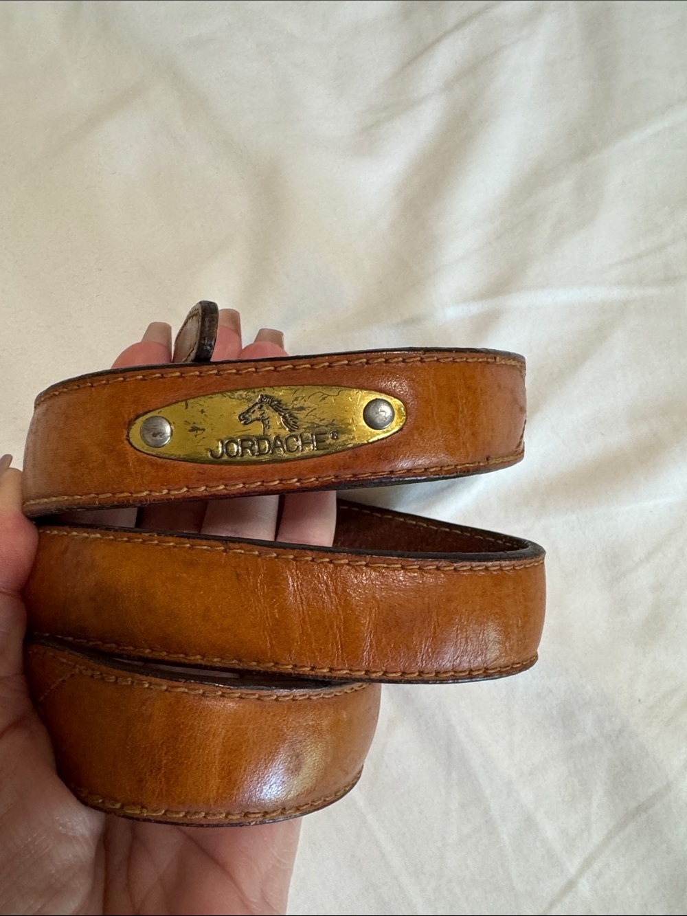 Jordache Brown Leather Belt with Brass Logo Plate